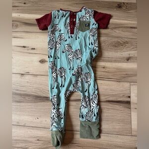 Zebra Print Kids One Piece with Burgundy and Green Accents